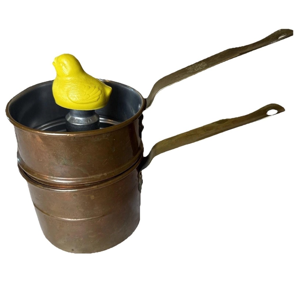 Vtg Revere Rome Metalware Copper Double Boiler Egg Cooker Whistling Yellow Bird